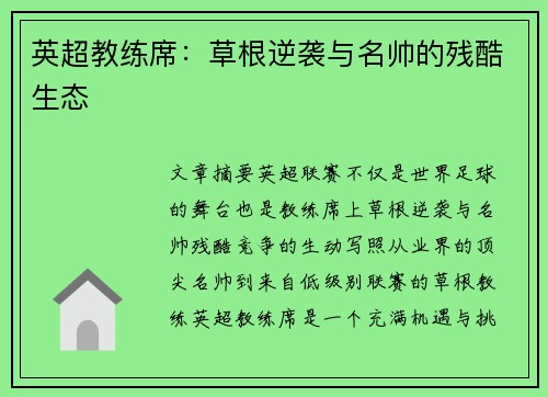 英超教练席：草根逆袭与名帅的残酷生态